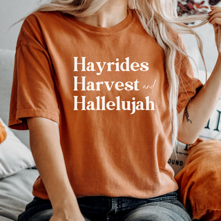 Hayrides, Harvest and Hallelujah Fall Short Sleeve Graphic T-Shirt in Multiple Color Options