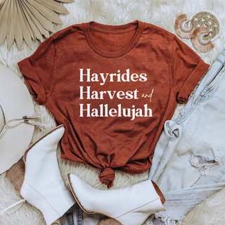 Hayrides, Harvest and Hallelujah Fall Short Sleeve Graphic T-Shirt in Multiple Color Options