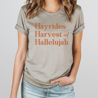 Hayrides, Harvest and Hallelujah Fall Short Sleeve Graphic T-Shirt in Multiple Color Options