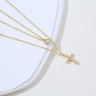 Dainty Layered Pendent Cross Necklace - Gold