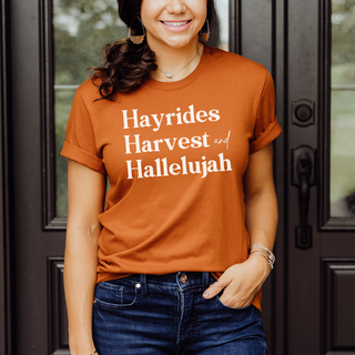 Hayrides, Harvest and Hallelujah Fall Short Sleeve Graphic T-Shirt in Multiple Color Options