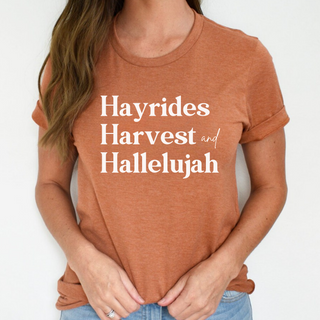 Hayrides, Harvest and Hallelujah Fall Short Sleeve Graphic T-Shirt in Multiple Color Options