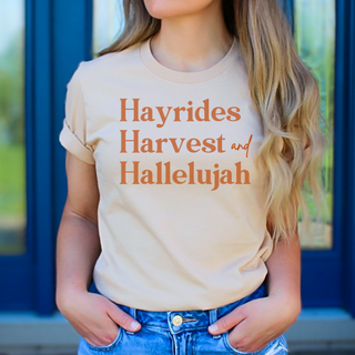 Hayrides, Harvest and Hallelujah Fall Short Sleeve Graphic T-Shirt in Multiple Color Options